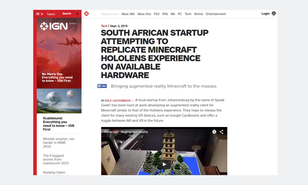 SOUTH AFRICAN STARTUP ATTEMPTING TO REPLICATE MINECRAFT HOLOLENS EXPERIENCE ON AVAILABLE HARDWARE